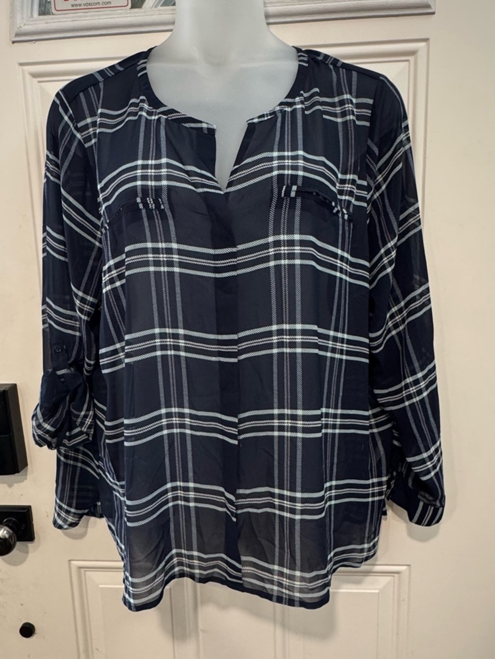 Reitmans Navy and White Plaid Button-Front Roll-Tab Blouse
